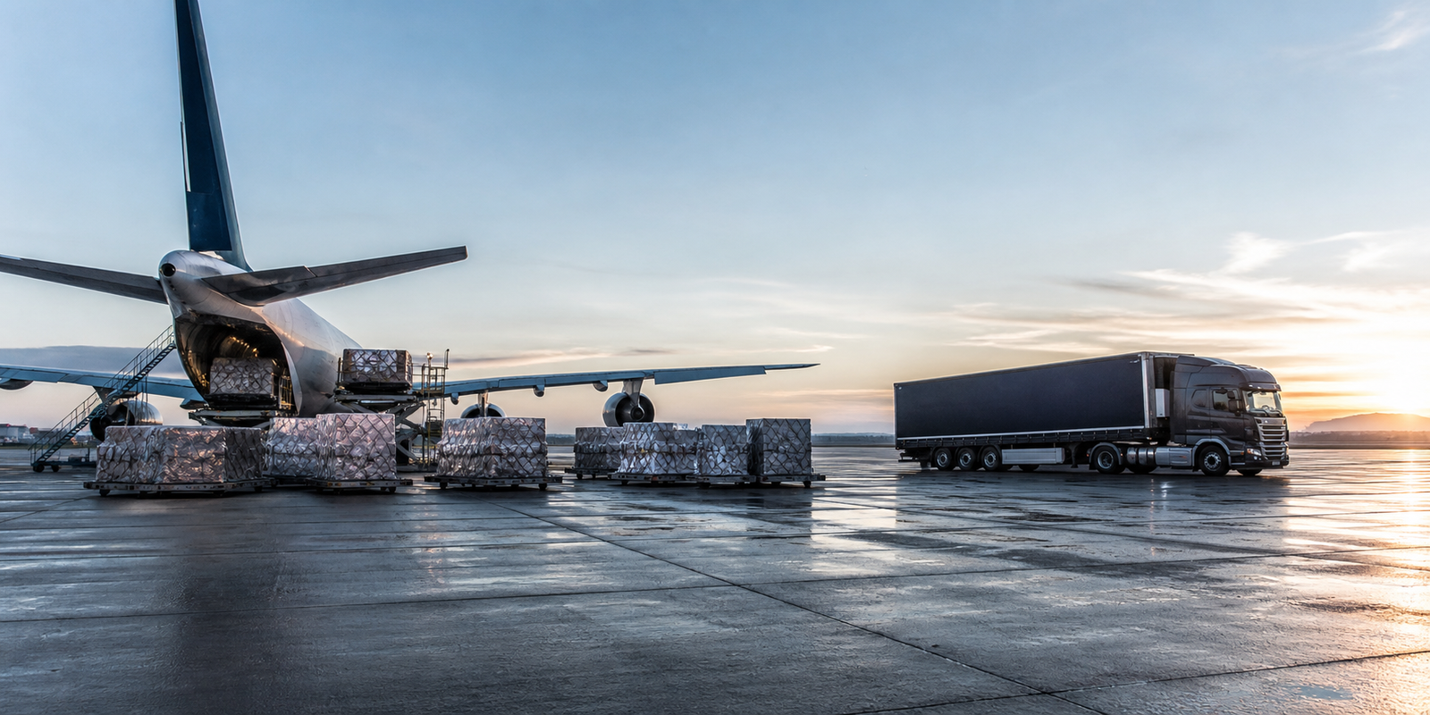Air cargo pallets being transferred beside a freight aircraft