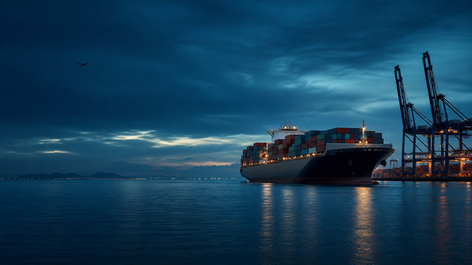Container vessel arriving at a working cargo port